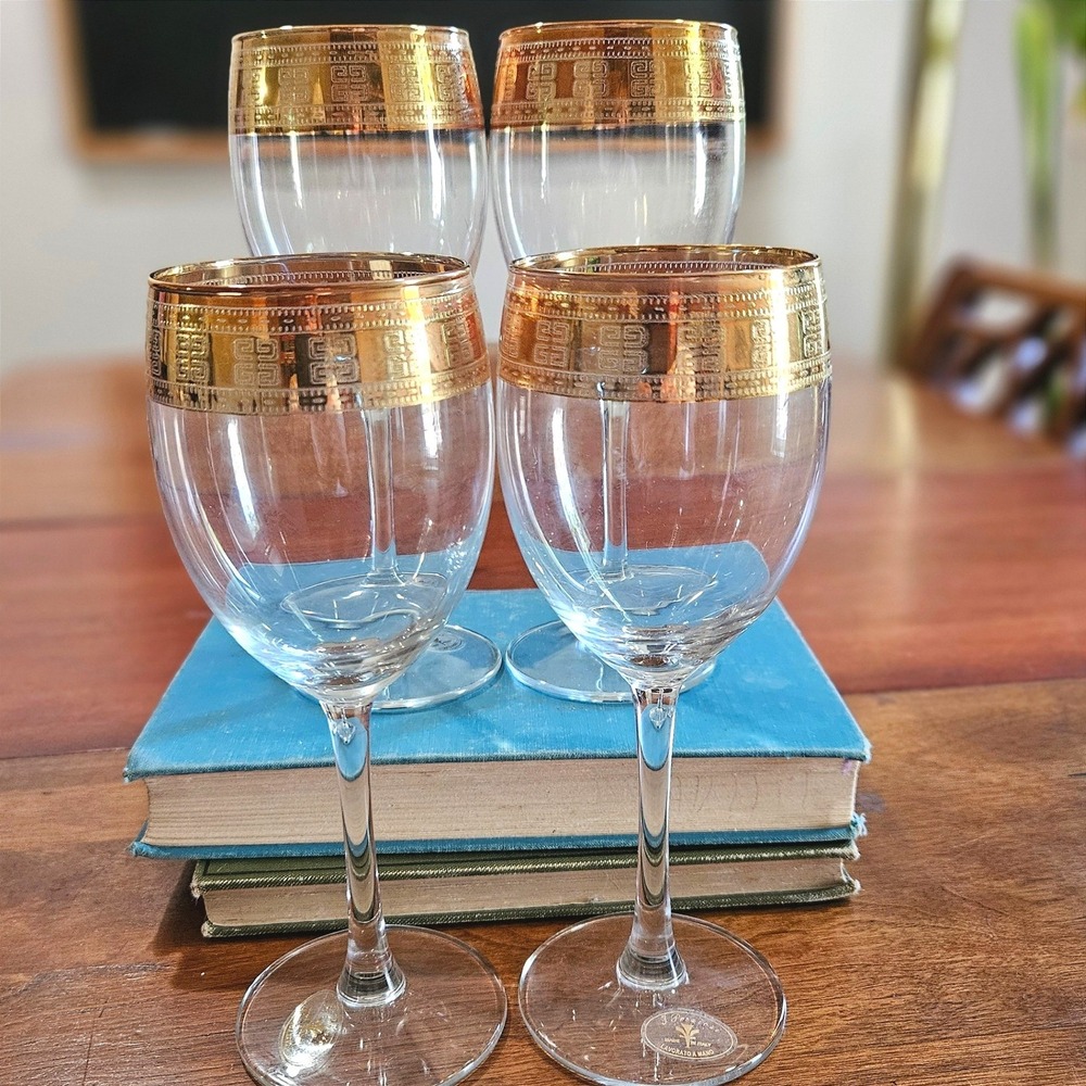 Vtg Italian Hand Blown Wine Glasses Set of 4 Gold Greek Key Rim Goblets 7.25"